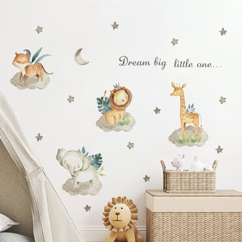 

Cartoon Cute Safari Animals Elephant Giraffe Stars Watercolor Wall Sticker Vinyl Nursery Art Decal for Kids Room Home Decor