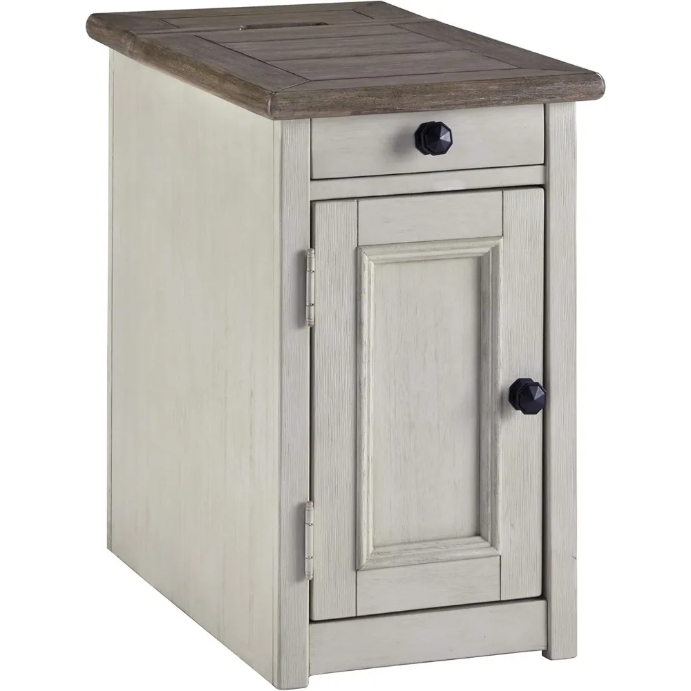 Bolanburg Farmhouse Chair Side End Table with Outlets and USB Ports, Antique Cream & Brown