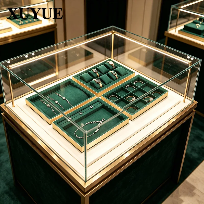 New jewelry display tray green microfiber metal frame necklace ring earrings ring jewelry tray