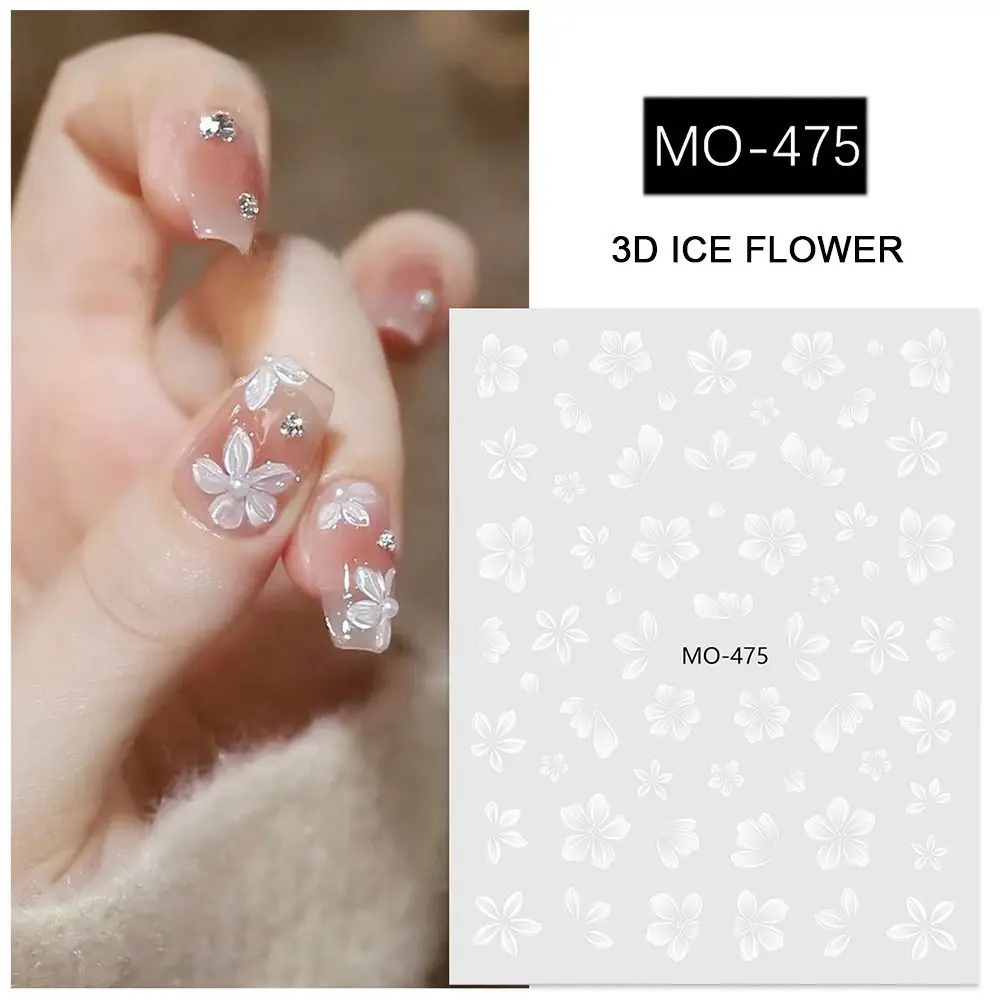 Embossed Design 3D Flower Stickers Elegant Style Simple Floral Floral Nail Sliders Adhesive Accessories White Flower Nail Charms