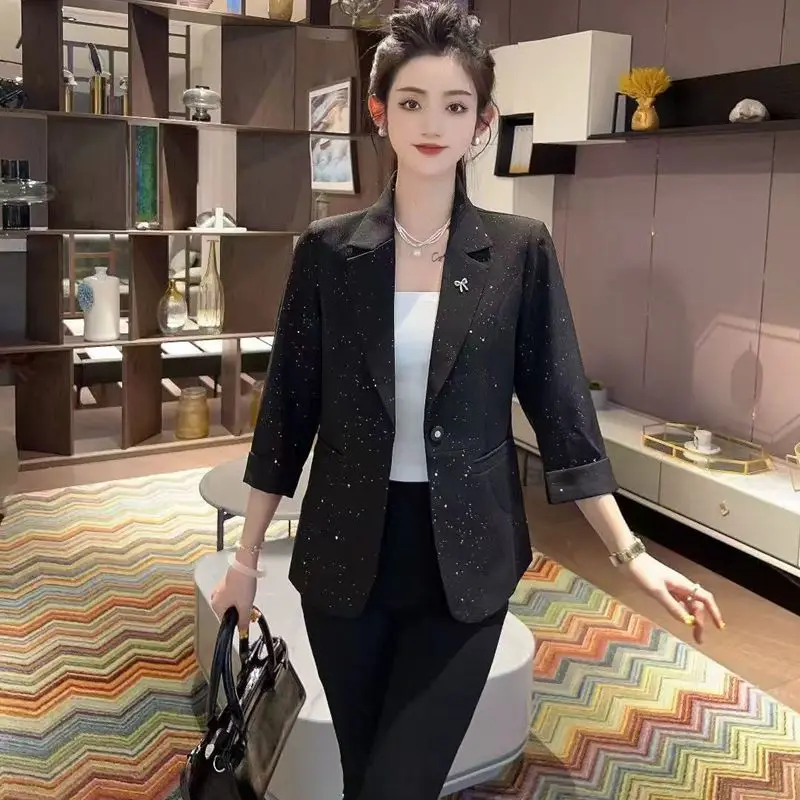 

iny Sequin Women's Slim Fit Spring Summer New Sle Faion Bla Tee Quarter Sve Thin Top Coat Jaet