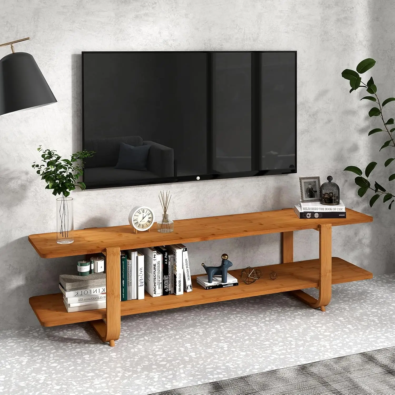 

Bamboo TV Stand with Storage for TVs up to 65'', Modern Entertainment 2 Open Shelf, Accent Media Console Table for