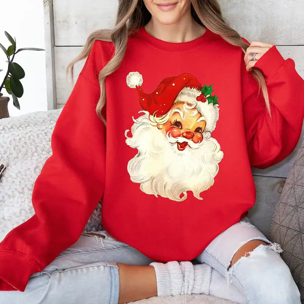 Damen Weihnachten Gemütliches Fleece Sweatshirt Vintage Santa Weihnachten Urlaub Sweatshirt Langarm Fleece Y2K Sweatshirt Streetwear