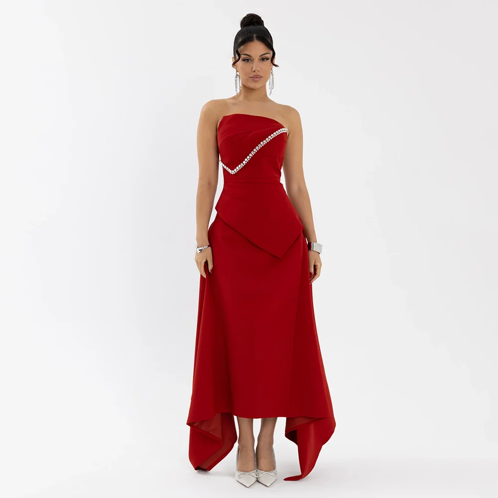 

Strapless Sleeveless Evening Dresses with Beading Decosation Red Prom Gowns Customized Formal Occasion Mini Dress 2026