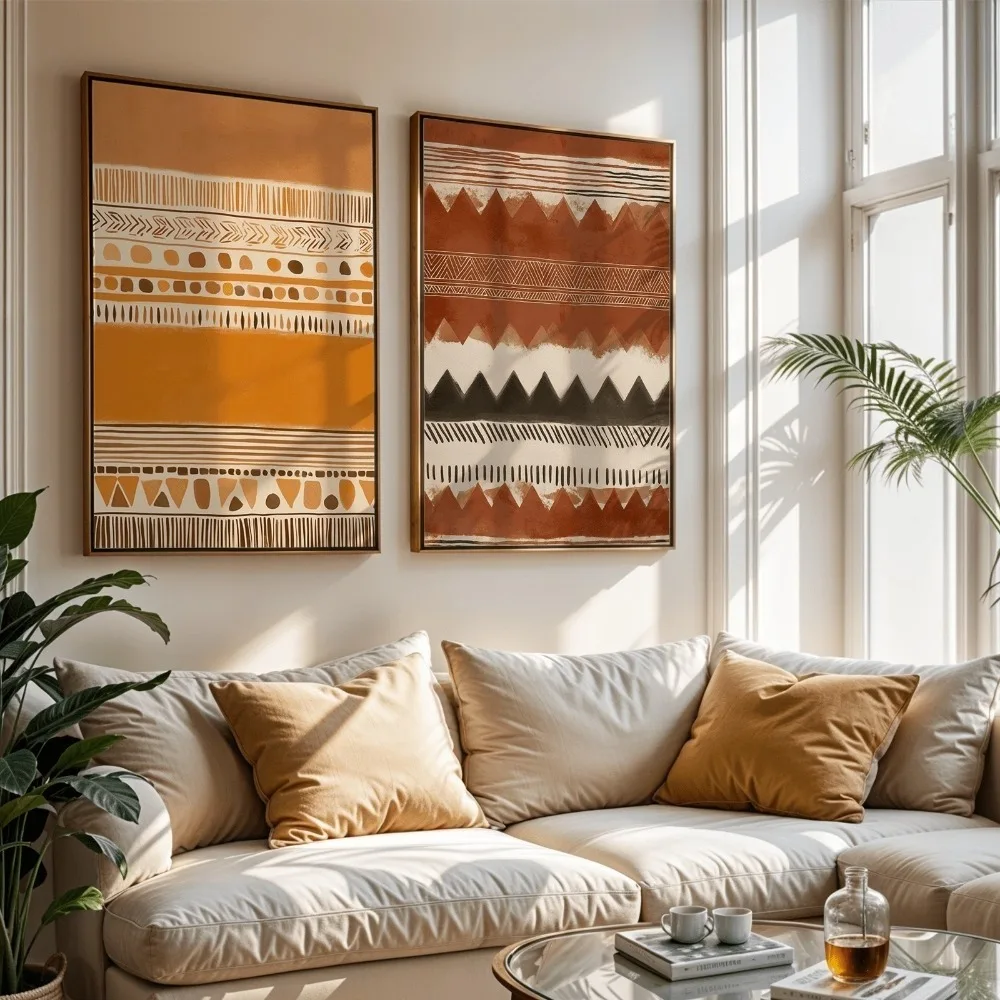 Frameless,Modern Bohemian Terracotta Warriors and Horses Tribal,Canvas Posters with Soldier and Horse Figurines and Neutral Tone