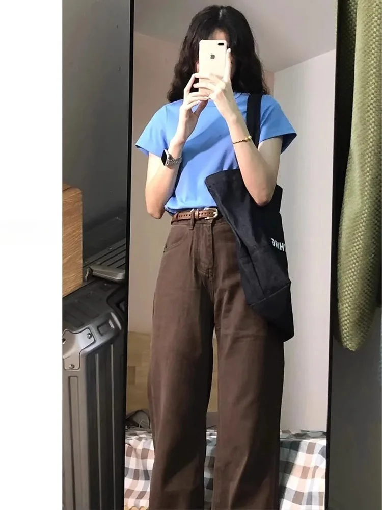 ارتفاع الخصر واسعة الساق الجينز المرأة اللون البني الخريف جديد Sle فضفاض مستقيم الطابق طول السراويل تخفيف خمر Waed