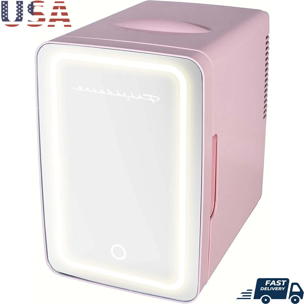 Portable Mini Fridge with LED Mirror 6.5L Personal Cooler Skincare Snacks Chills 9 Cans Compact Travel Electric Cooling