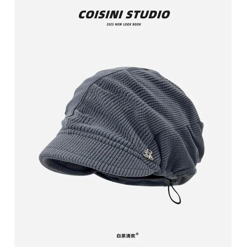

Japanese Retro Pleated Corduroy Stack Hat Men's and Women's Autumn and Winter Casual Short Brim Drawstring Skull Beanie Caps