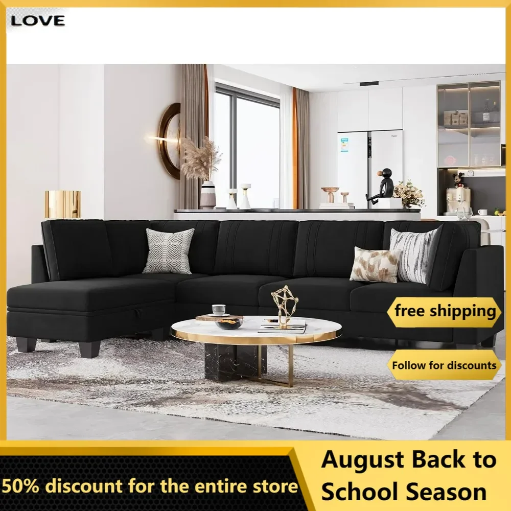 

L Shaped Couch Reversible Velvet Sectional Sofa with Storage Ottoman Convertible L-Shaped Sofa Black
