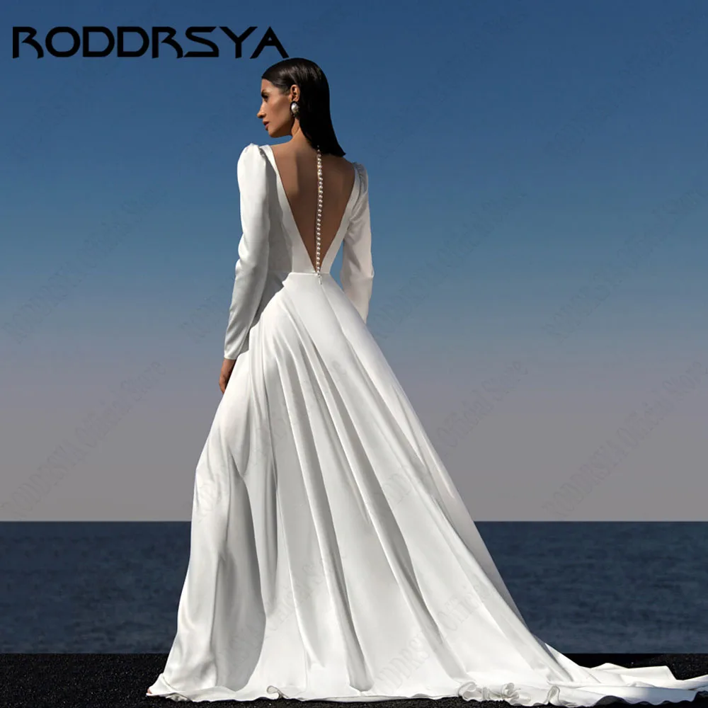 RODDRSYA V-Neck Satin Wedding Dresses A-Line Long Sleeves Peals Bride Gowns 2025 Side Slit Illusion vestido de noiva Customized