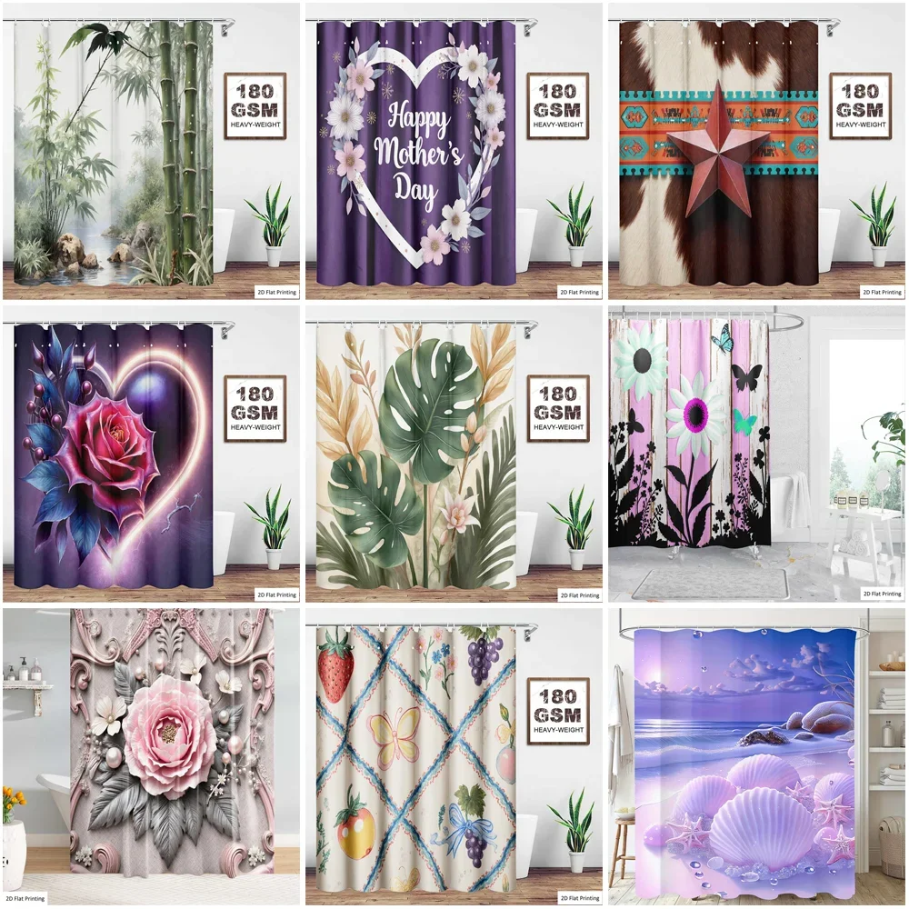 180GSM Heavyweight Waterproof Polyester Shower Curtain Bamboo Mother Day Heart Star Rose Tropical Leaf Daisy Peony Fruit Shell
