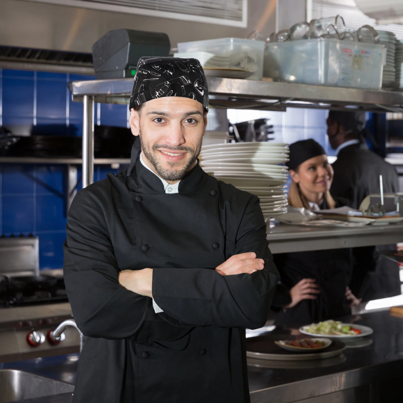 3 Pcs Hats Kitchen Catering Skull Hats Cooking Caps Black Chef Turbano Catering Skull Server Ribbon Adjustable