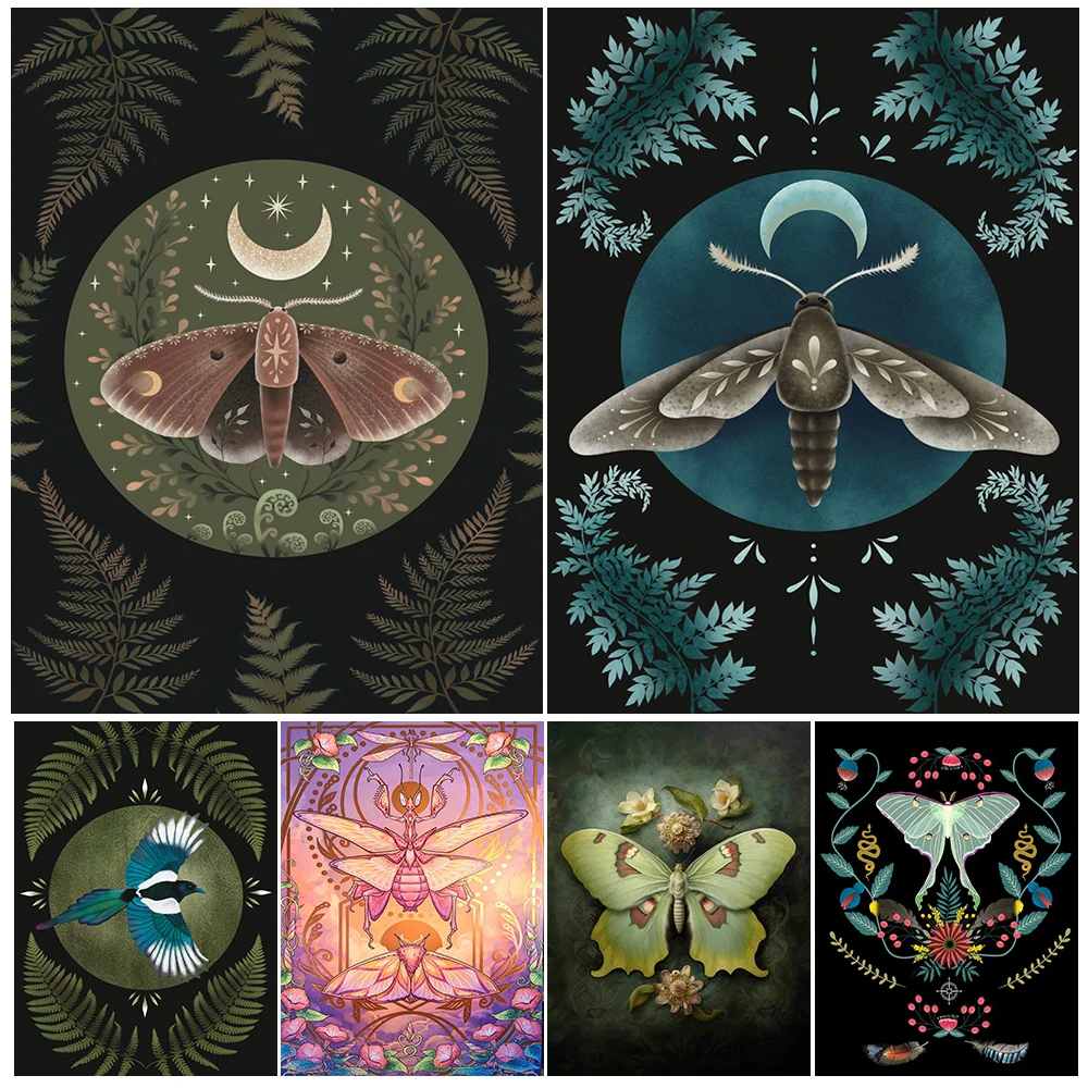 

Spiders,Moths And Moon Phases Abstract Wall Art Canvas Painting Mysterious Magical Creatures,Plants Art Poster Print Decoration