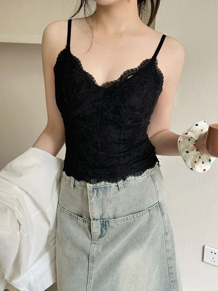 Lace Strap Vest Women's Inner Wear Base Top E649 High Elasticity Short Length V-Neck Plant Floral Patterned Integrated Bra