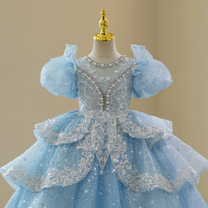 Girls Princess Dress Puff Sleeve Sequin Embellished Tiered Tulle Pearl Neckline Formal Party Pageant Costume