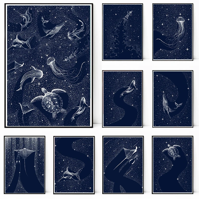 Romantic Cosmic Marine Animal Poster/Star/Shark/Jellyfish/Turtle/Whale/Ray Canvas Painting Wall Prints Picture Room Home Deco