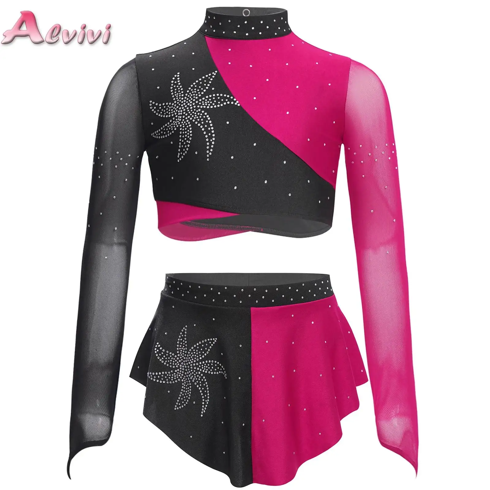 

Girls Lyrical Modern Dance Outfits Long Sleeves Rhinestones Dance Crop Tops with Skirt Set Figure Skating Dresses Dance Wear