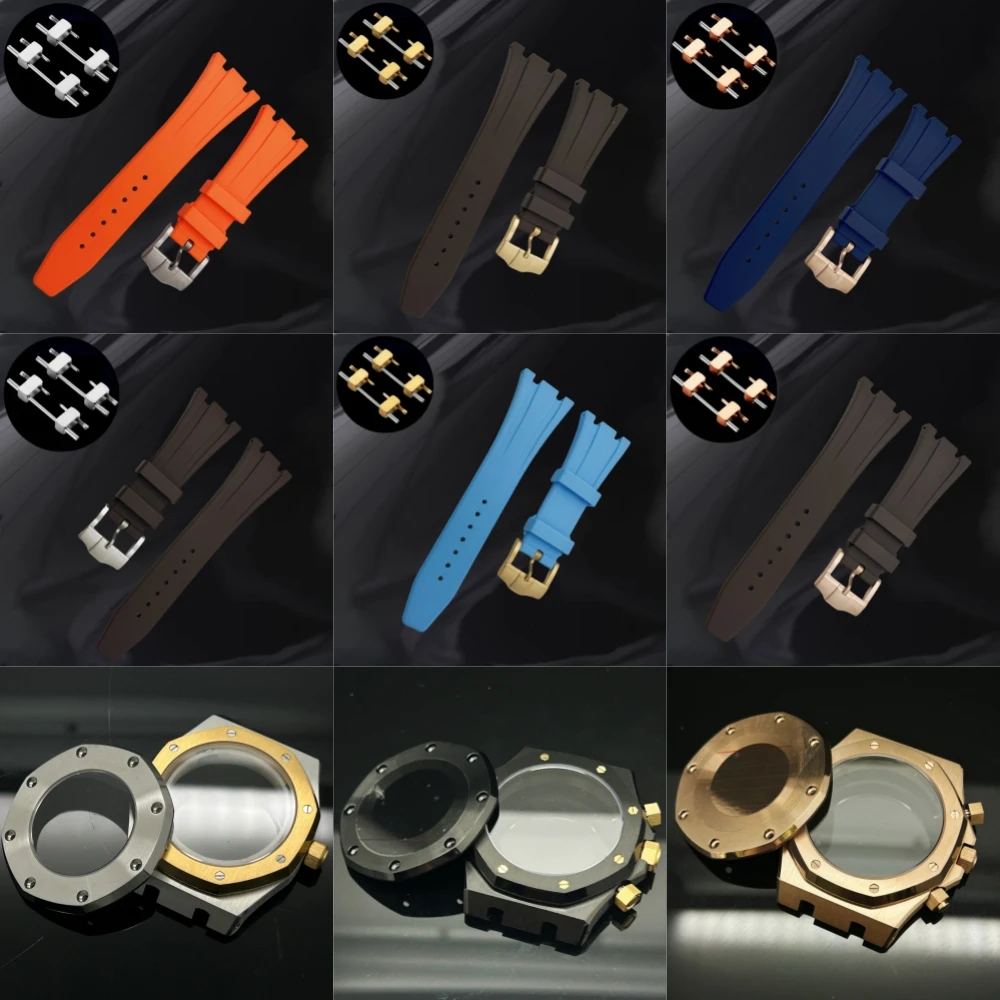 

41MM Silver Gold Black Sapphire Crystal Glass Steel Case Band Silicone Strap Fit VK63 VK64 NH35 NH36 Movement for 31.8mm Dial