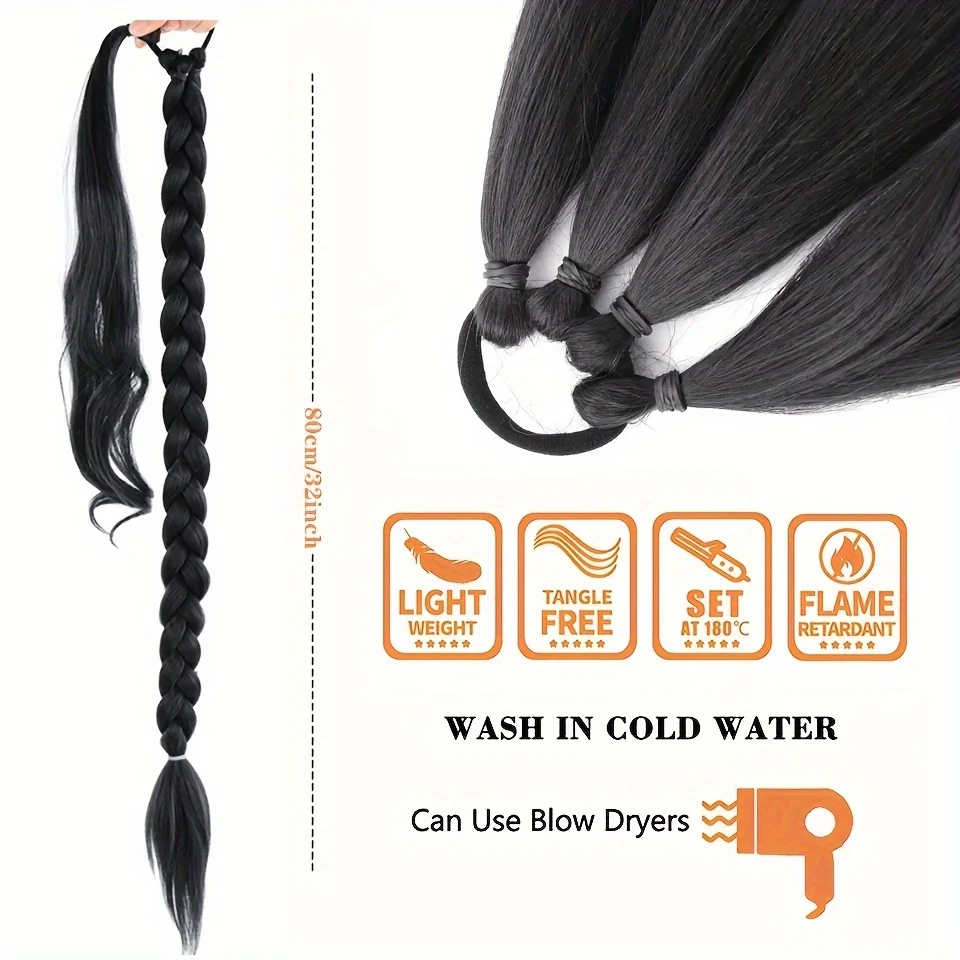 Extensiones de cola de caballo trenzadas sintéticas, banda de goma negra larga, cola de caballo con lazo para el pelo para mujer, fibra de alta temperatura