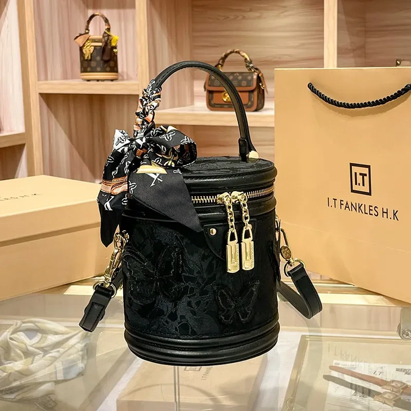 Versatile and Luxury Handheld Bucket Bag with Exquisite Butterfly Lace and Scarves 2026 Women's New Fashion Single Shoulder Bag