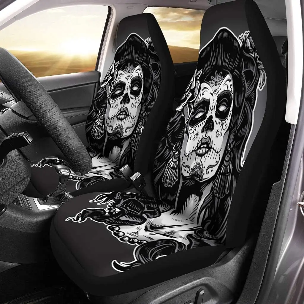 Sugar Skull Set of 2 Car Seat Covers Gray Tattoo Woman Face Paint Dead Day Universal Auto Front Seats Protector Fits for Car SUV