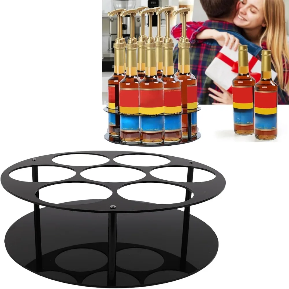 Durable 7 Holes Design Syrup Organizer Acrylic 360 Rotatable Bottle Organizer Stand Black Turntable Display Tray For Bar Station