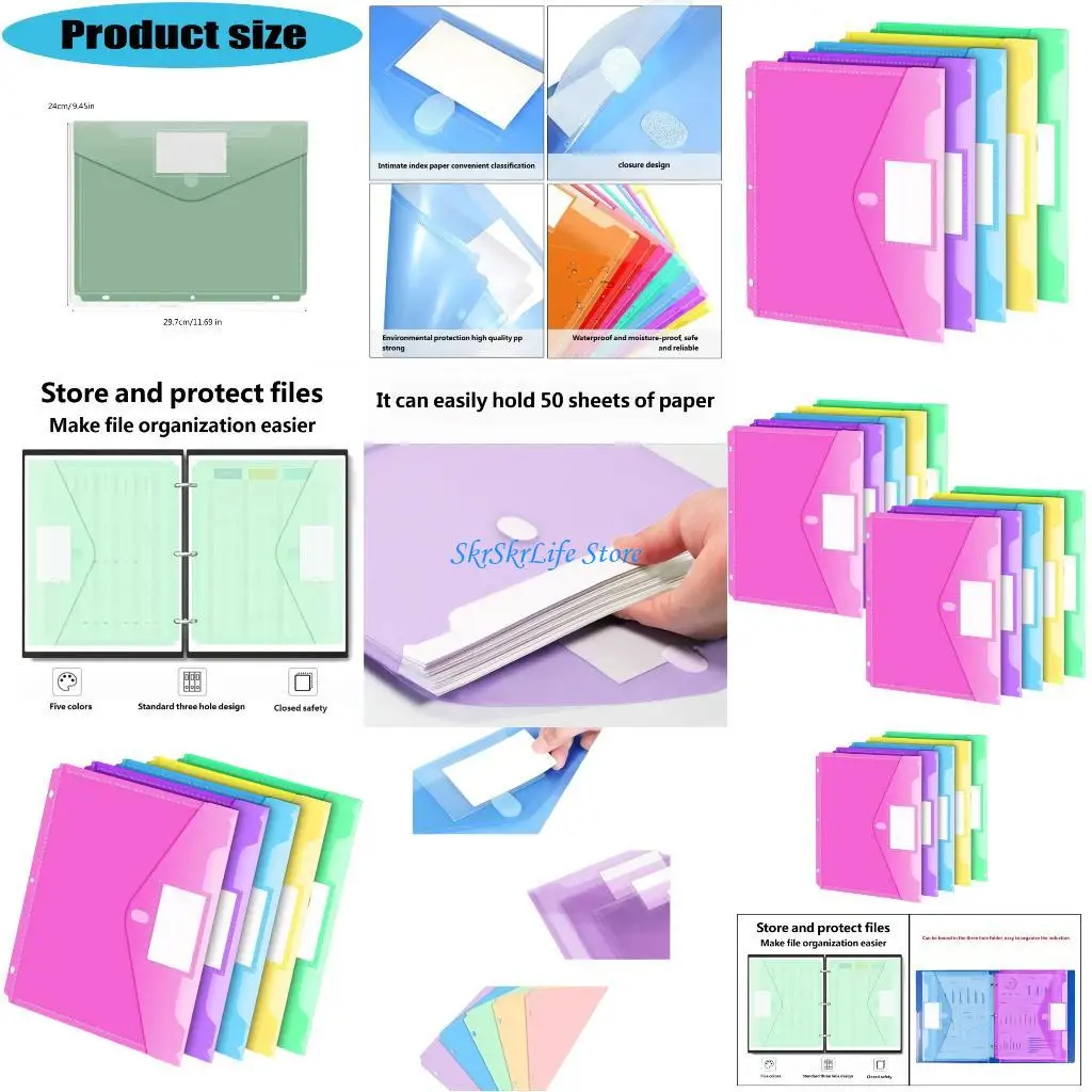 

E65E 5/10Pcs 3 Holes Punched Pockets File Bag Clear Plastic Document Envelope for School Office Organization 11.69x9.45Inch