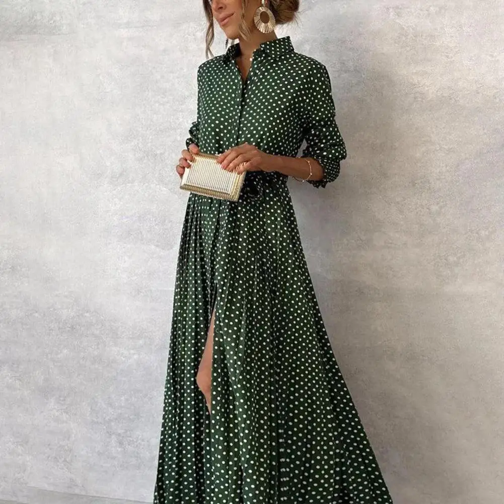 

Summer Polka Dot Split Hem Long Dress Bohemian Style Sundress Stand Collar Elastic Waist Dating Prom Commuting Maxi Dress