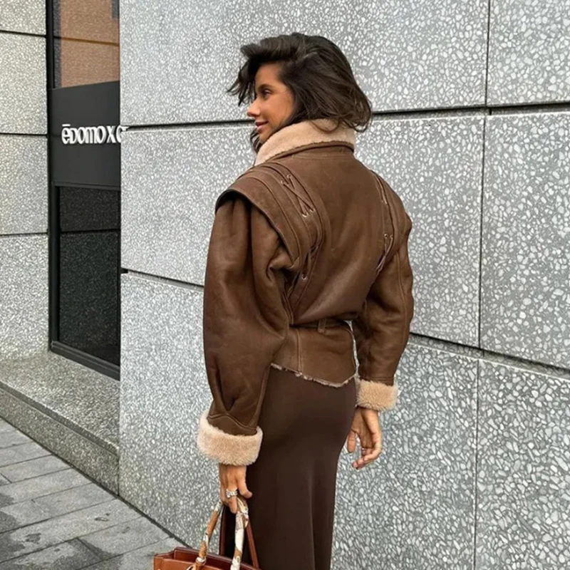 Winter Women Streetwear Parka Faux Lamb Leather Fur Short Jacket with Belt Moto Biker Thick Warm Sheepskin Coat Outwear