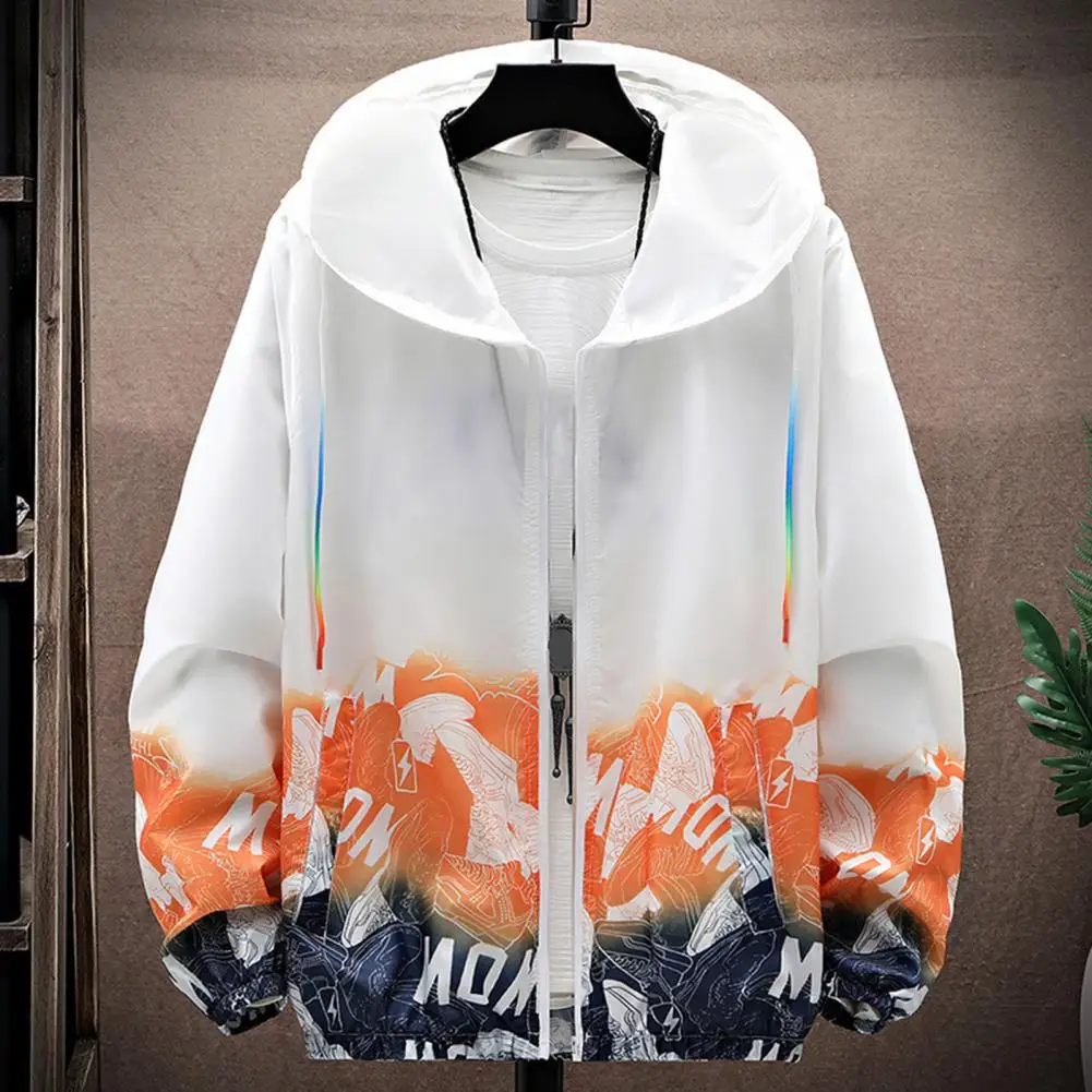 Men Coat Patchwork Contrast Color Hooded Soft Student Jacket for Daily Wear Print Quick Drying Windbreaker