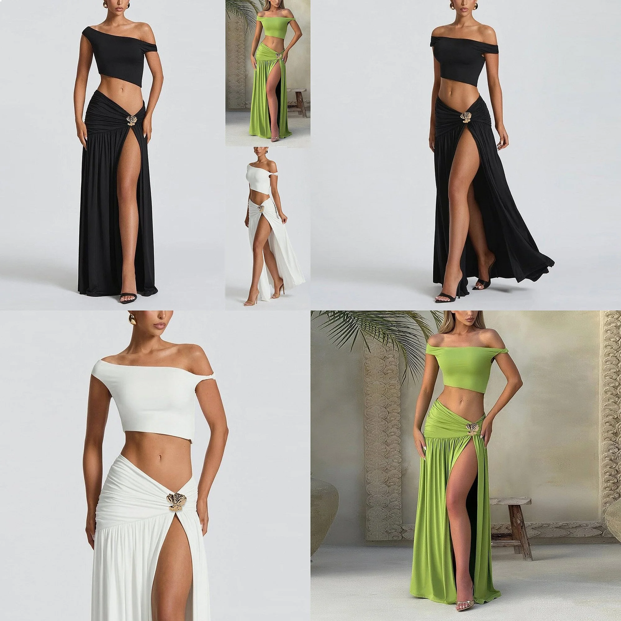 

Sexy Off Shoulder Tee Top Set Women Summer Spring Matching Set Bodycon Skirt Suit Crop Top