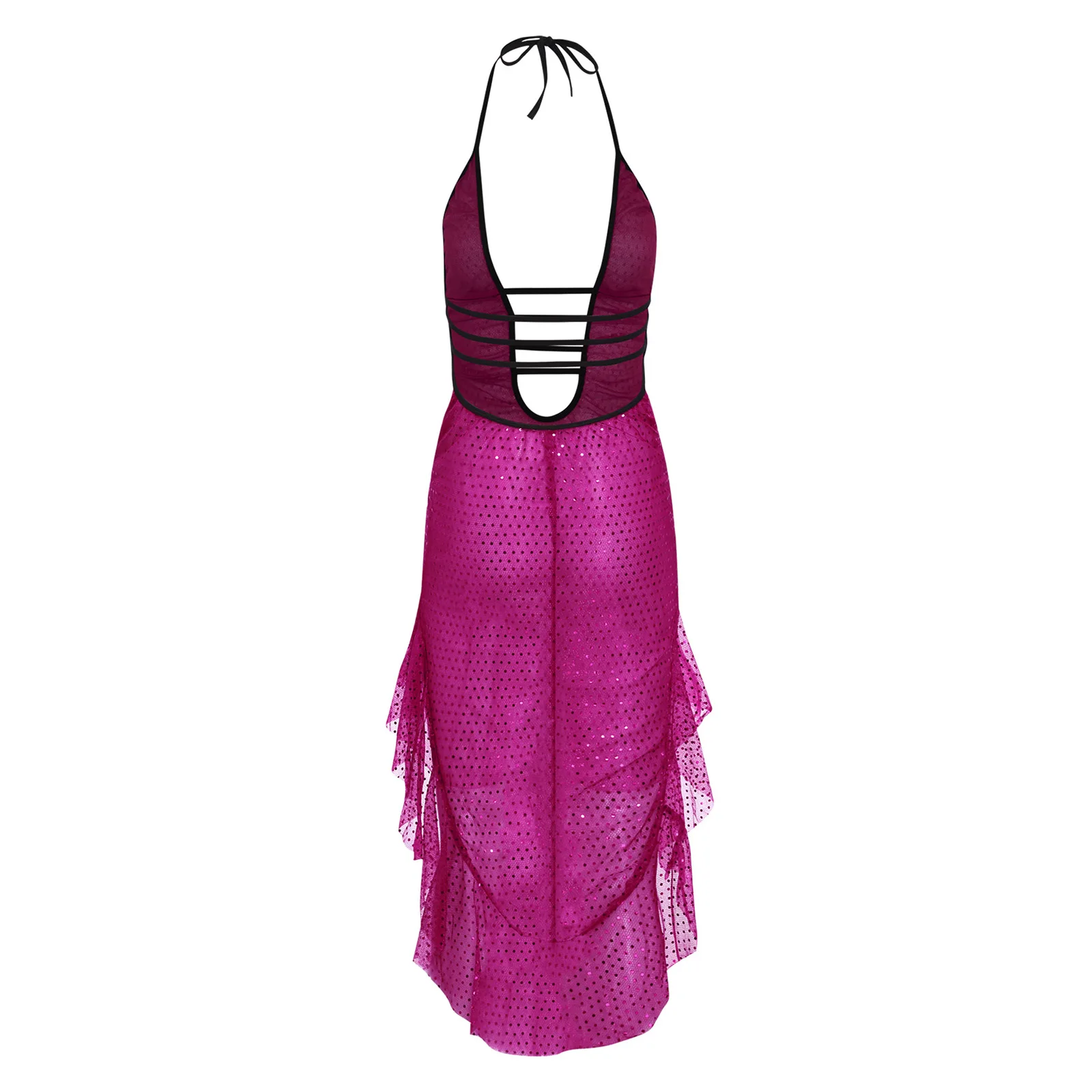 فستان نسائي لامع مزين بالترتر مع رسن رفيع بدون ظهر يغرق على شكل حرف V مكشكش بحاشية عالية ومنخفضة فستان نادي شفاف فستان نوم