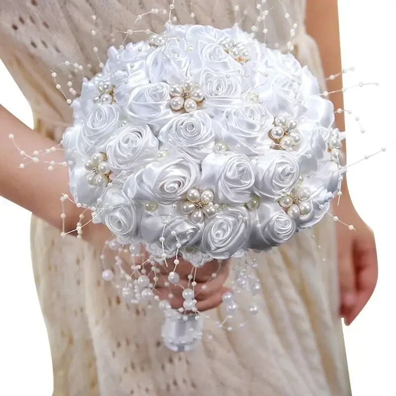 

Artificial Flowers Bouquet - Faux Rose Bridal Bouquet with Stunning Pearls, White and Ivory Ribbon Flowers, Beaded Fake Flowers