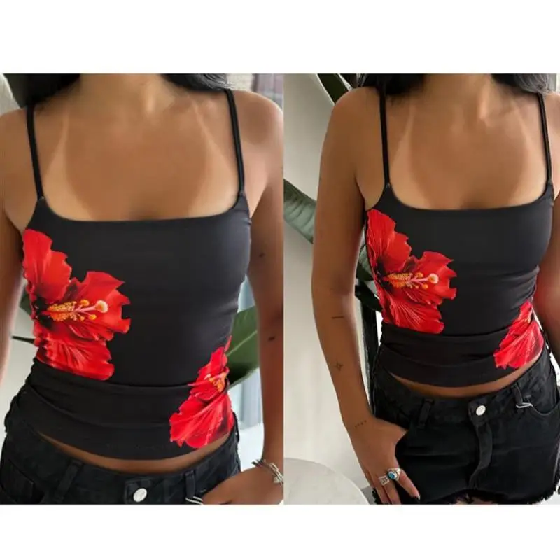 Off-Shoulder-Svel-Damenoberteil mit Blumendruck, rund, schmale Passform, Weste, Länge, A-Linien-Design, Innenbekleidung