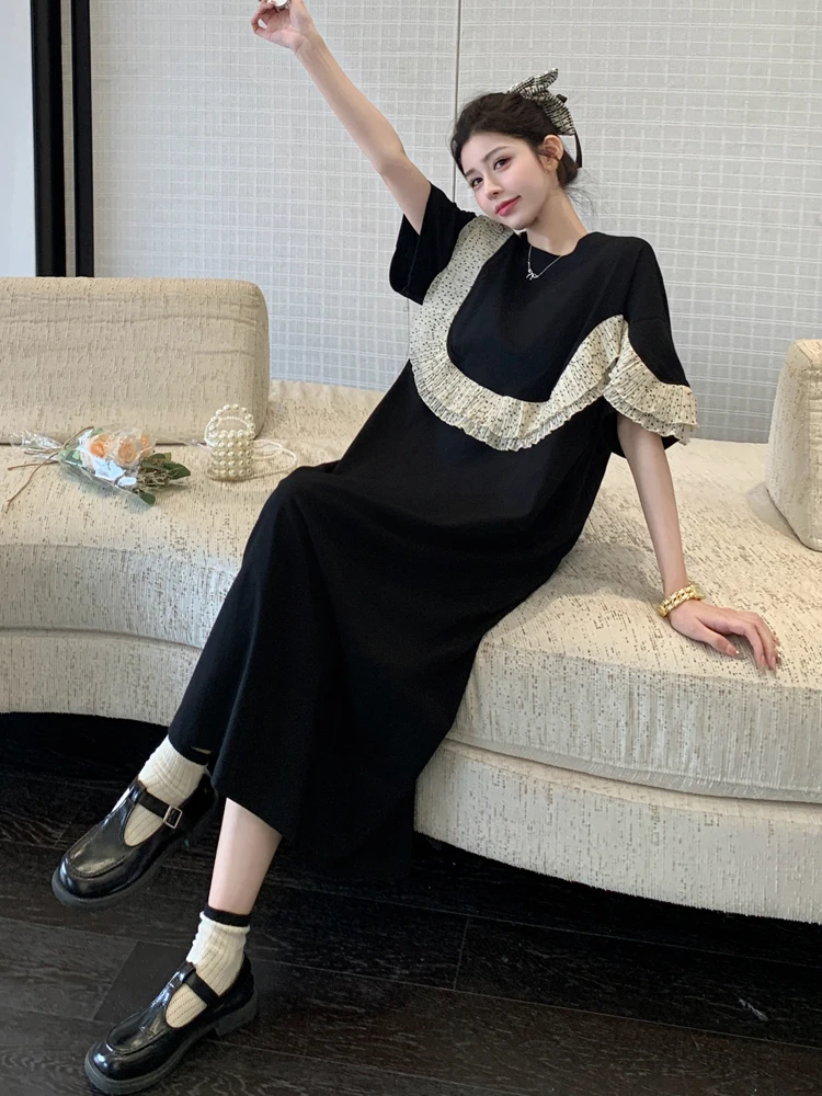 NYFS المرأة فستان صيفي فضفاض حجم كبير موضة كم قصير المرقعة كشكش حافة فستان طويل رداء Ete فام Elbise 2025 جديد