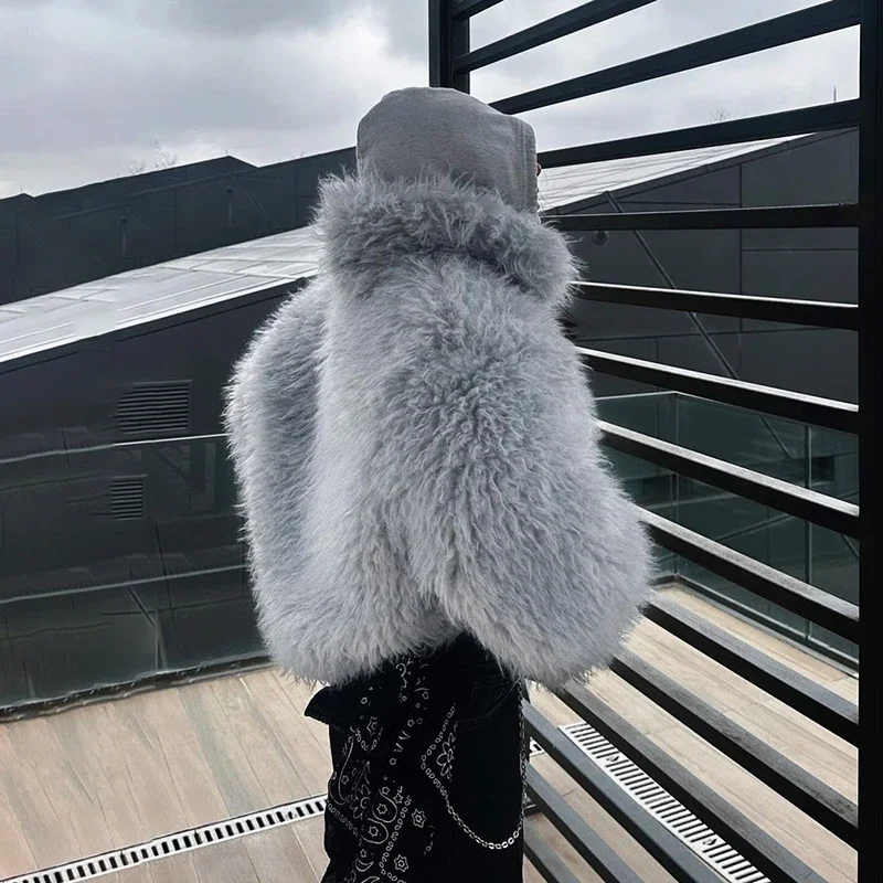 Neo Mint Fluffy Faux Mongolian Fur Coat for Women 2024 Winter Warm Furry Tibetan Sheep Fur Jacket Chic Female Shaggy Overcoat