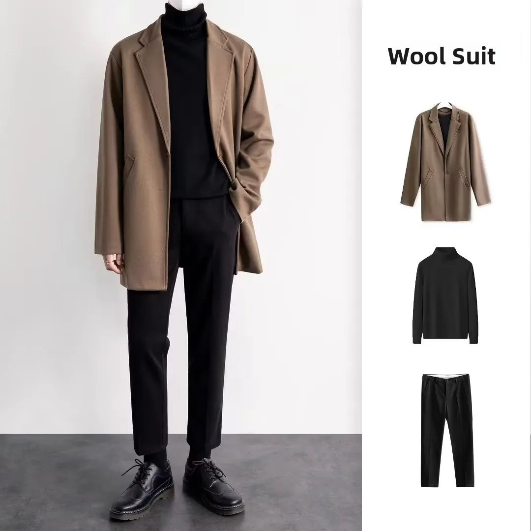 Thick Woolen Men's Coat Vintage Brown Winter Long Style Fashionable Korean Version Warm Set Suit Polyester Fiber Casual Wear