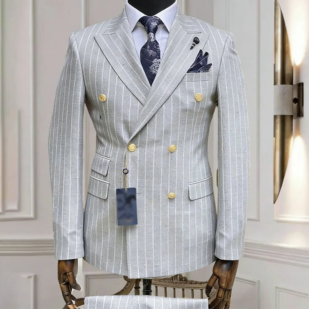 Light Gray Pinstripe Woolen Men's Suits and Separates Double Breasted 2 Pieces Jacket Pants Formal Business Wedding Tuxedo