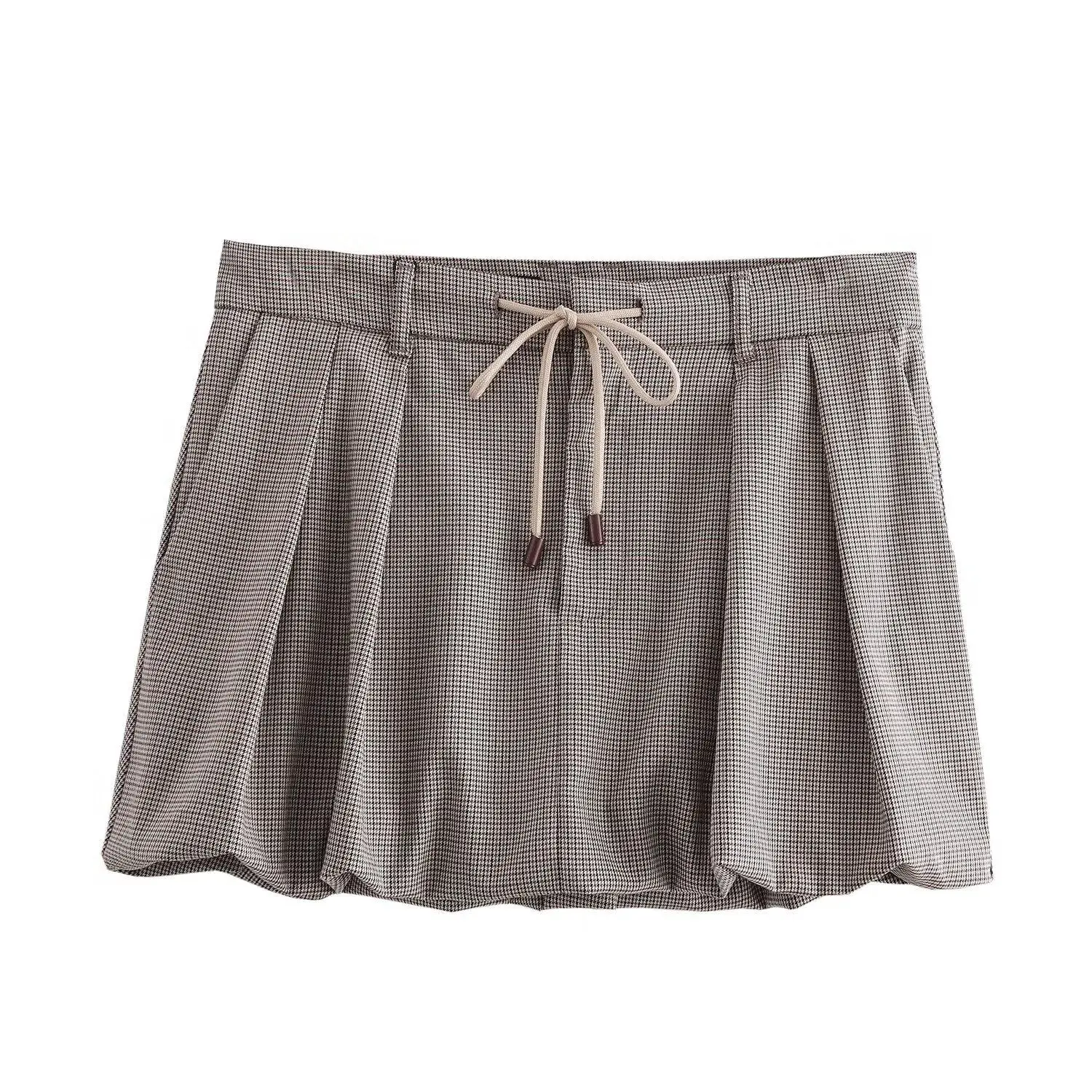 Spring New Women's Casual Belted Lantern  Skirt Versatile mid Waist ort Skirt Polyester Fiber 00% ort Skirt