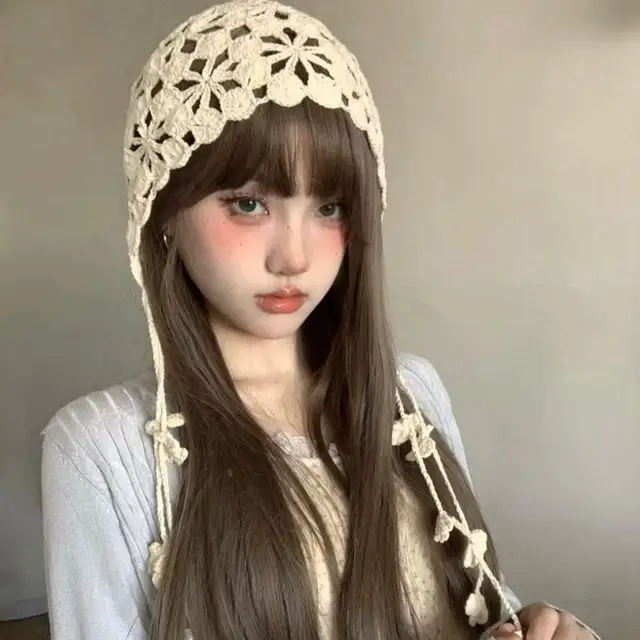 Handmade Hollow Crochet Hats for Women Knitted Beanies Cap Ethnic Tie Pullover Hat Autumn Winter Breathable Crochet Caps