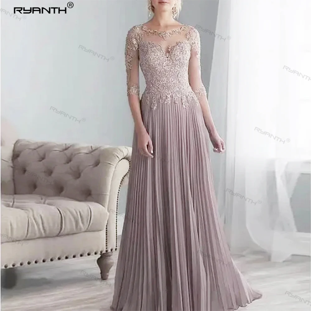 

Appliques Mother of the Bride Dresses Pleated Chiffon Plus Size Half Sleeves Groom Wedding Floor Length Abito Mamma Sposa 2024