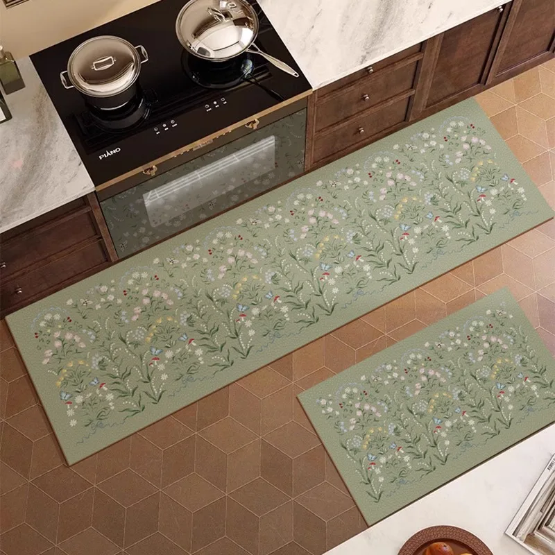 

Kitchen Floor Mat Oil-proof Non-slip Waterproof Green Flowers Carpet Home Decoration PVC Leather Long Strip Rug Alfombra 주방카펫