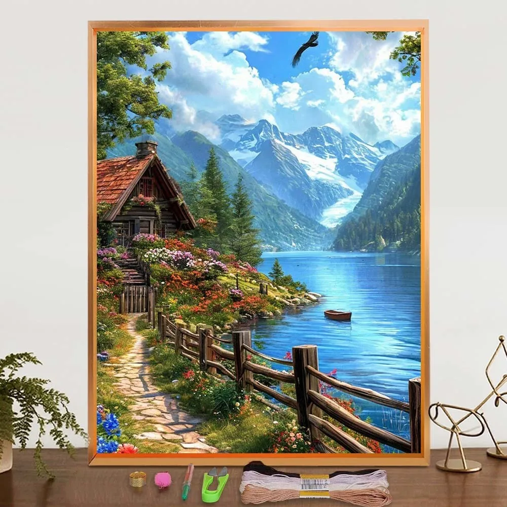 

Mountains Lake Patterns Embroidery Accessories Adult Hand Crafts Set Sewing Kit Gift Landscape Printed Canvas Cross Stitch