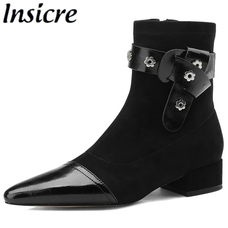 

Insicre Women Ankle Boots Pointed Toe Belt Zip Cow Leather + Sheep Suede 2022 Fashion Shoes Thick Low Heels Patchwork