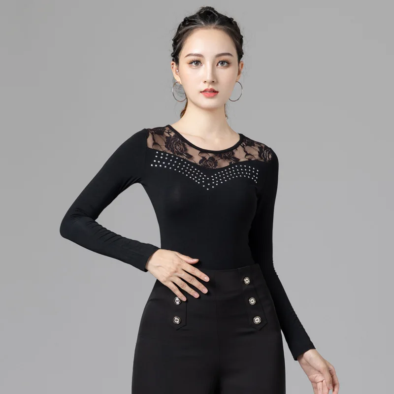 1pcs/lot woman long sleeve latin dance top lady black lace patchwork ballroom walt dancing blouse