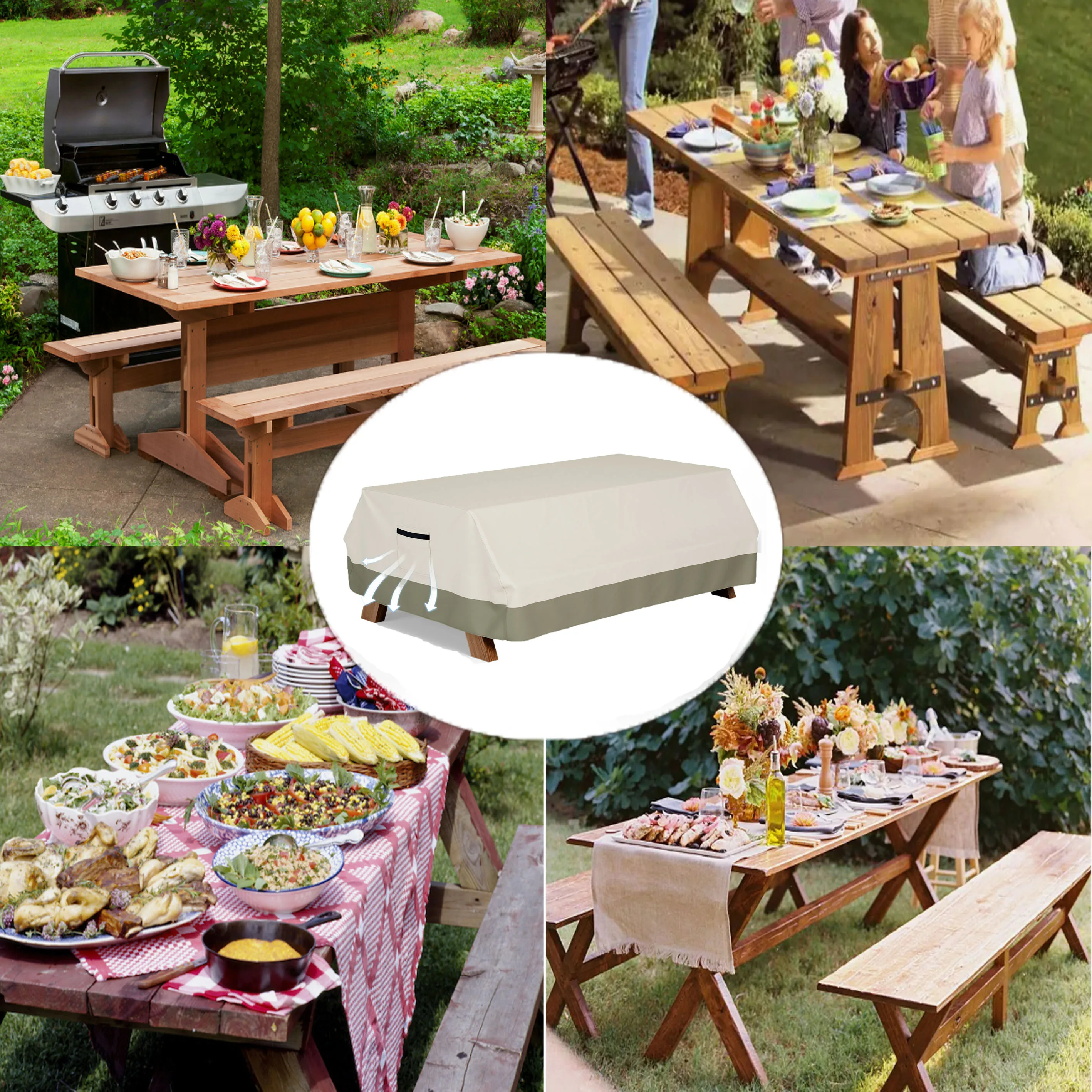 600D Outdoor Picnic Table Cover Waterproof Heavy Duty Table Bench Seat Cover Anti-UV Outdoor Patio Table Bench Covers black