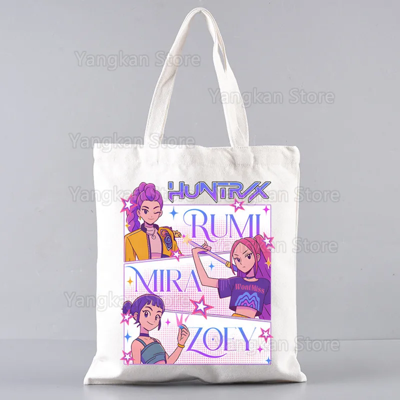 KPop شيطان الصيادين زوي رومي ميرا طباعة حقيبة تسوق قابلة لإعادة الاستخدام المرأة قماش حمل الحقائب الطباعة ايكو الكرتون المتسوق حقائب كتف