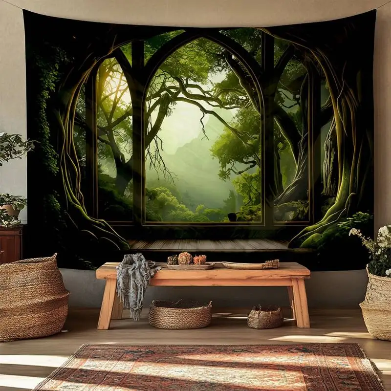 

Зачарованный лесной арка, оконный гобелен - волшебный вид природы, настенный гобелен для декора комнаты