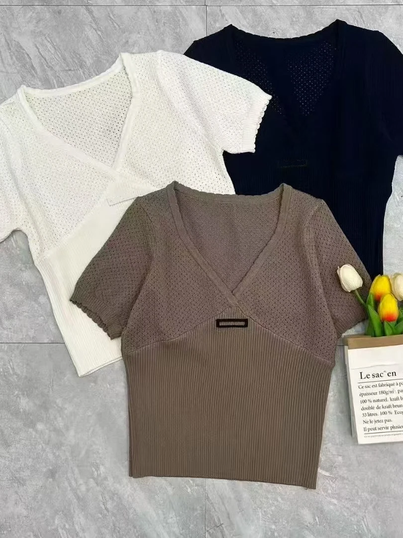 

Elegant VIBE Knitted Short Sleeve Top Women's Slim Fit Hollow out Neck Design Soft Stretchy Fashionable Spring Summer New Arr...