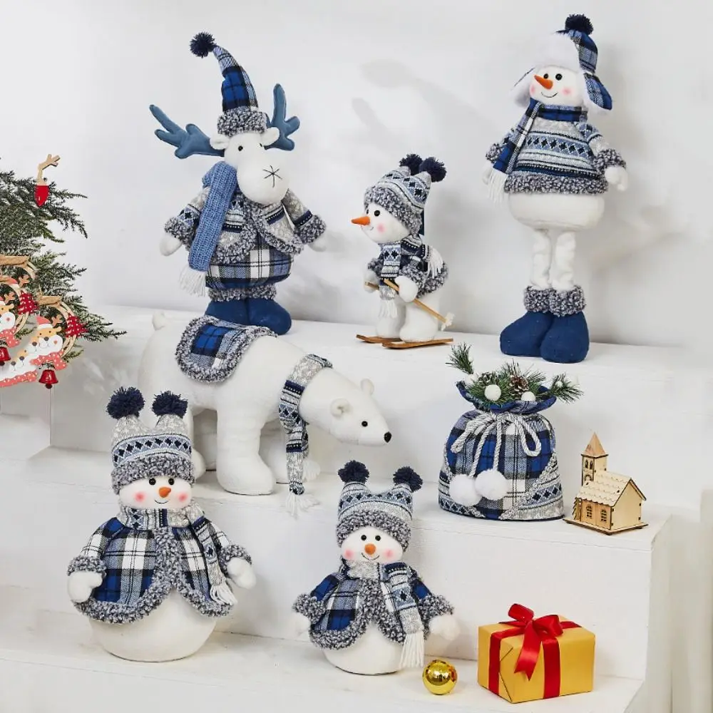 

Новая ткань из полипропилена, хлопковая кукла-снеговик, синяя клетчатая, белая и синяя, плюшевые игрушки-снеговики, мягкий рождественский декор, куклы для дома